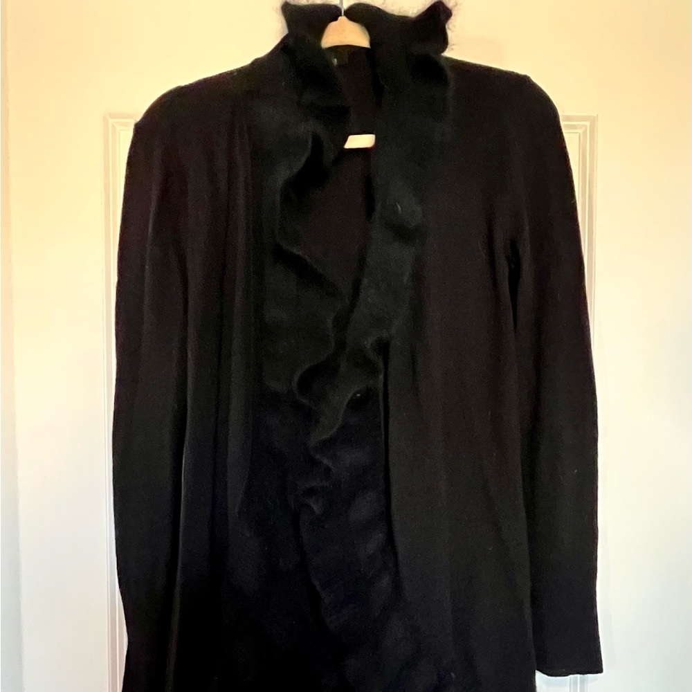 White House Black Market Long, Black Wool Ruffled Cardigan